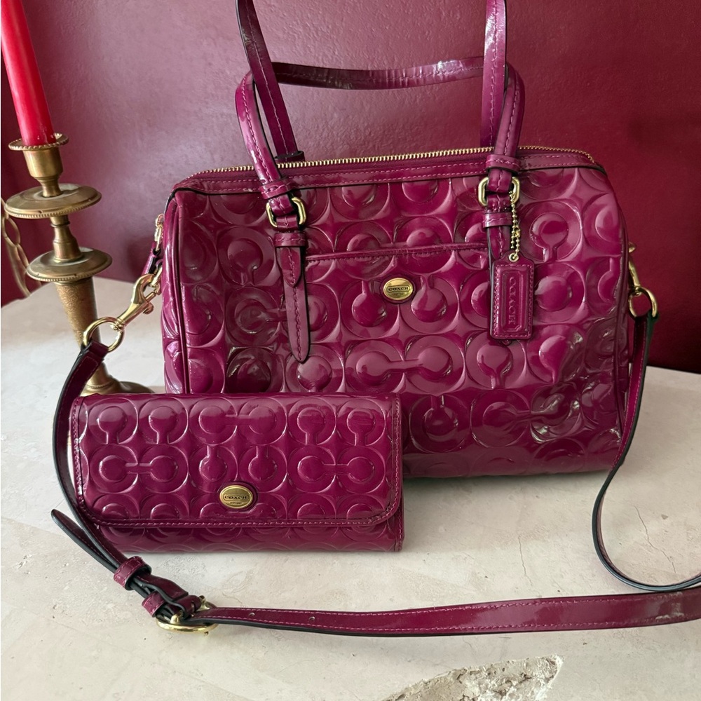 Coach Fuchsia Embossed Leather Satchel and Wallet
